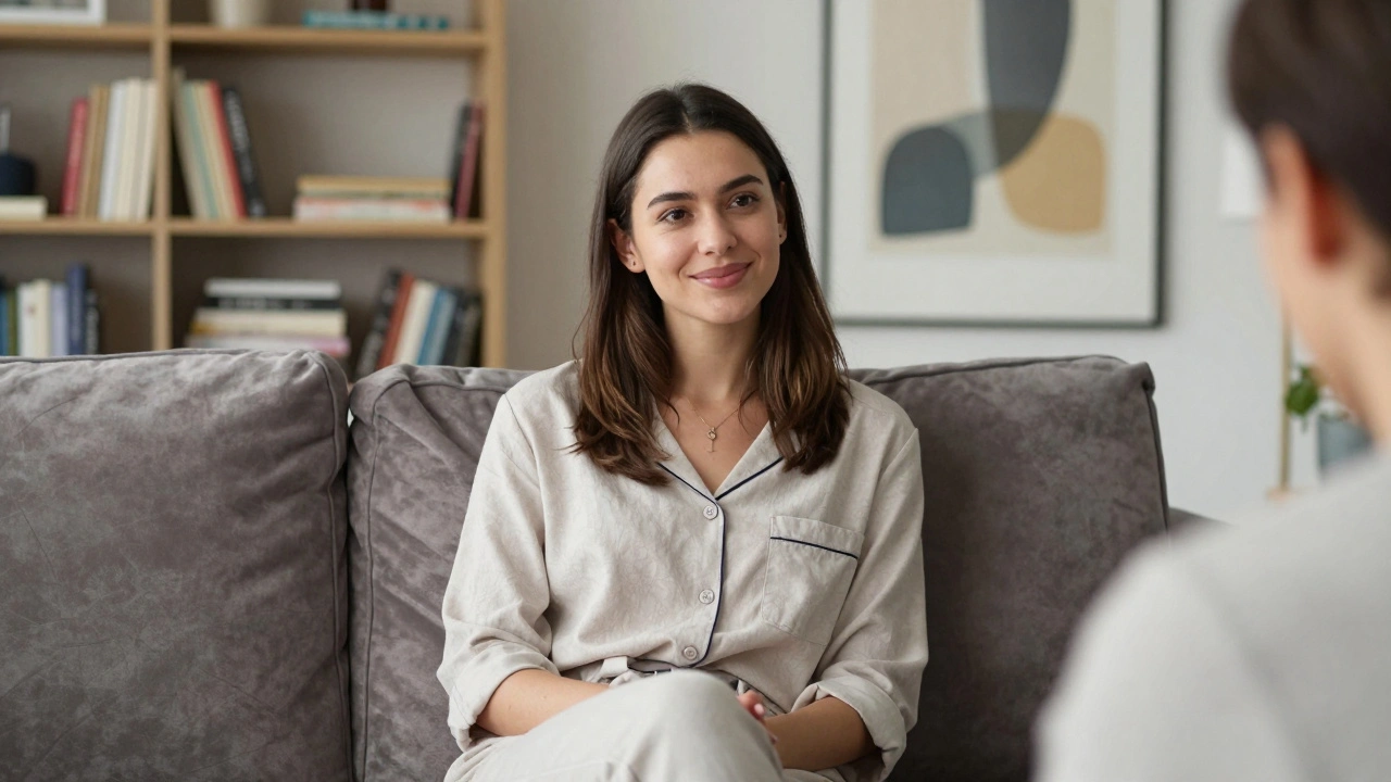 A petite woman smiling gently on a couch in natural light