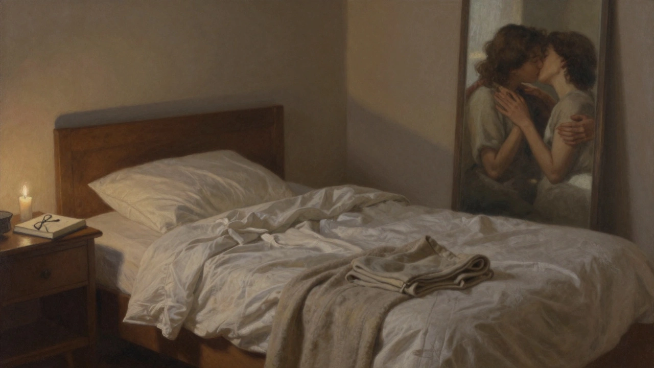 A quiet bedroom at dusk, an unmade bed with a folded blanket, and a reflection showing two figures embracing after an intimate kiss.