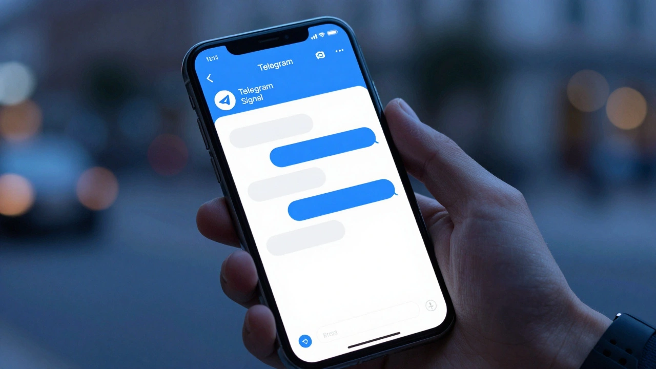 A smartphone screen showing a secure messaging app with encrypted chat, emphasizing digital privacy.