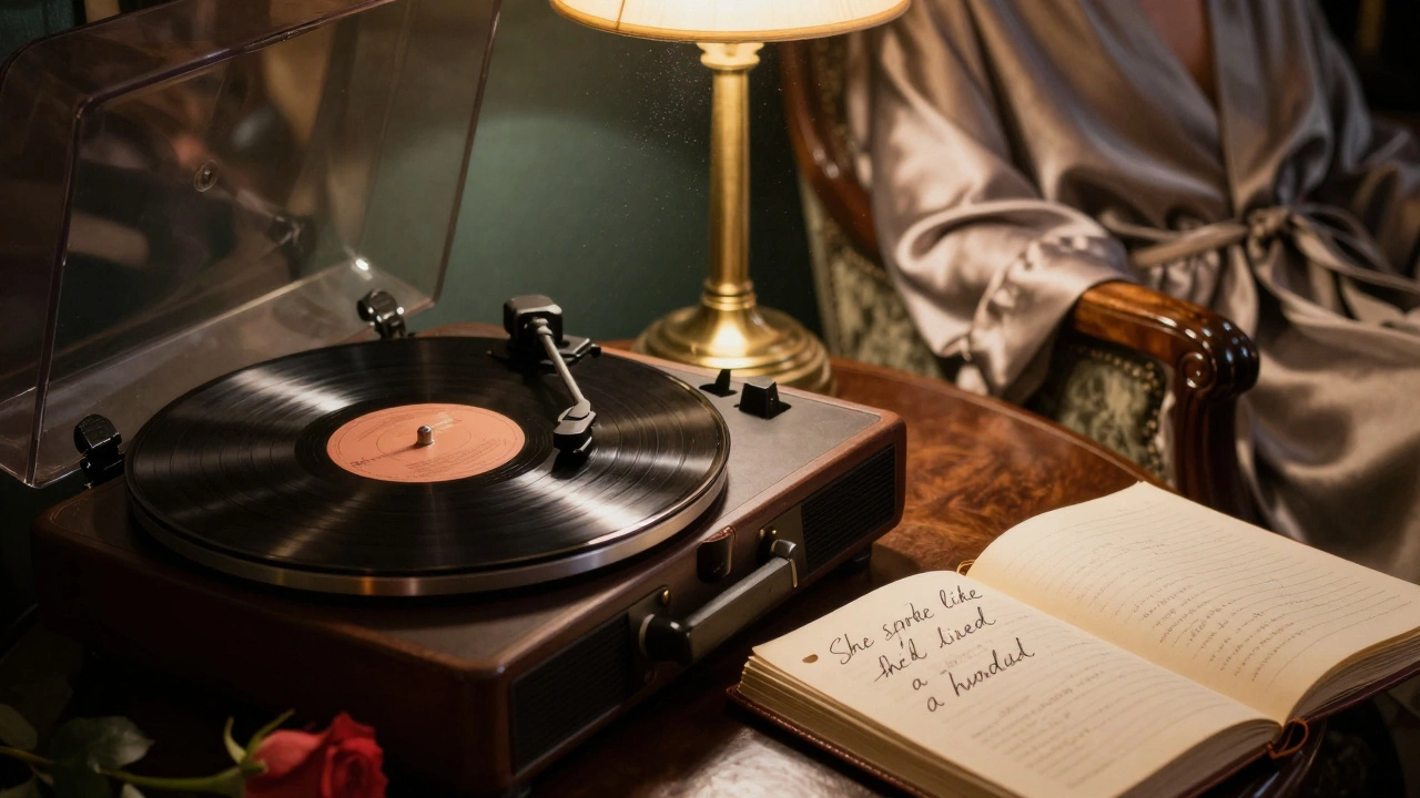 A vintage record player with a journal and rose on a table in a cozy hotel room.
