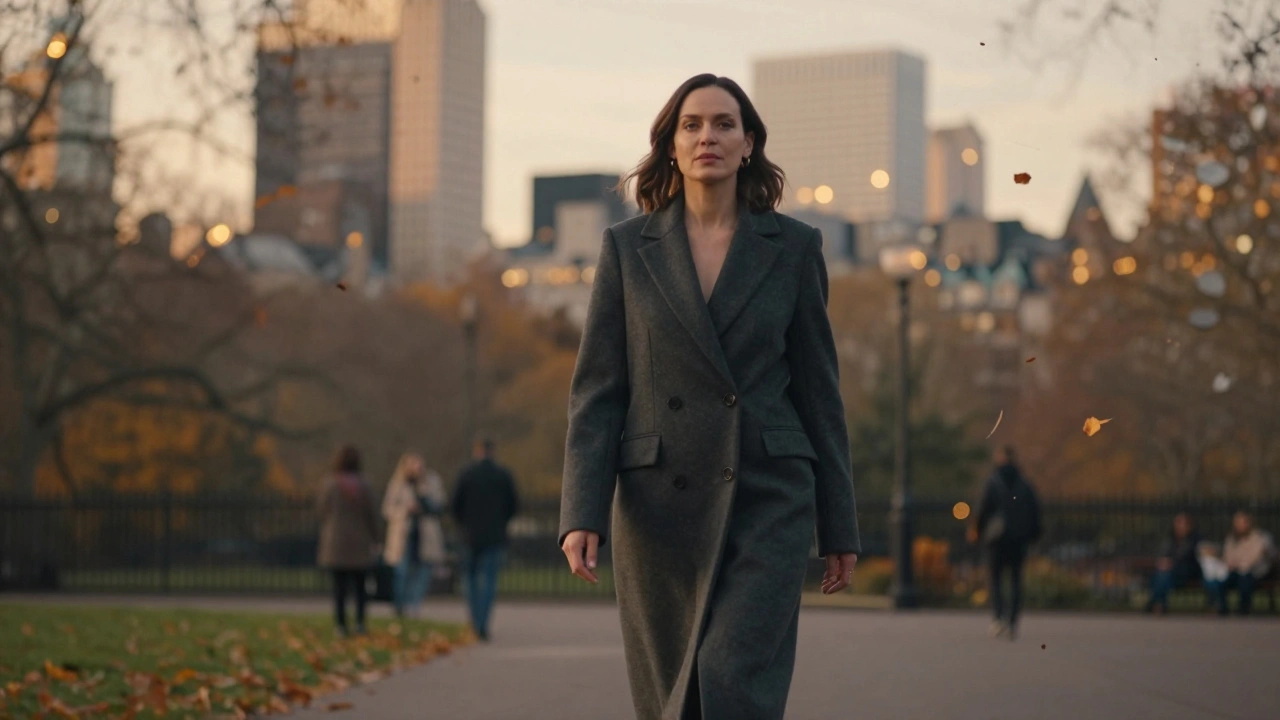 A woman in a tailored coat walking through Hyde Park at golden hour, city skyline behind.