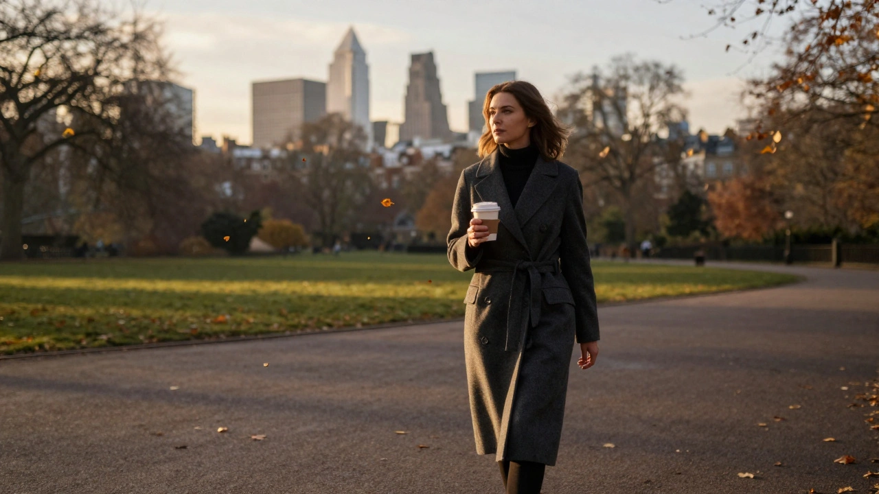 A woman walking alone through Hyde Park at dusk, holding a coffee cup, surrounded by autumn leaves.