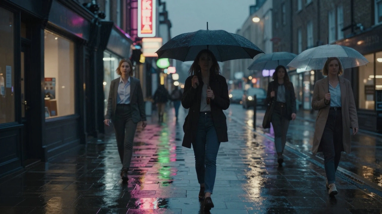 A woman walks through a rainy Camden street at night, reflections in the pavement showing her past careers.