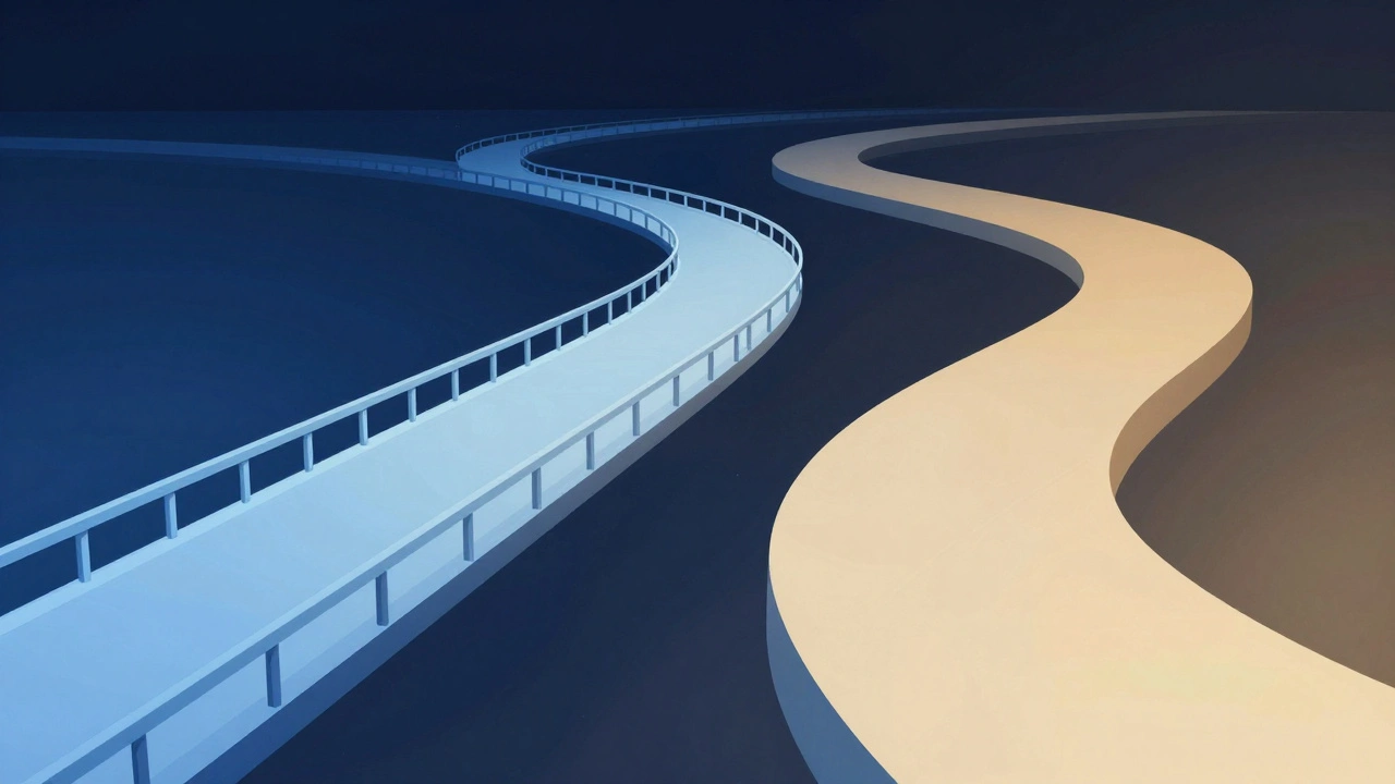 Abstract illustration of two diverging paths symbolizing choices.