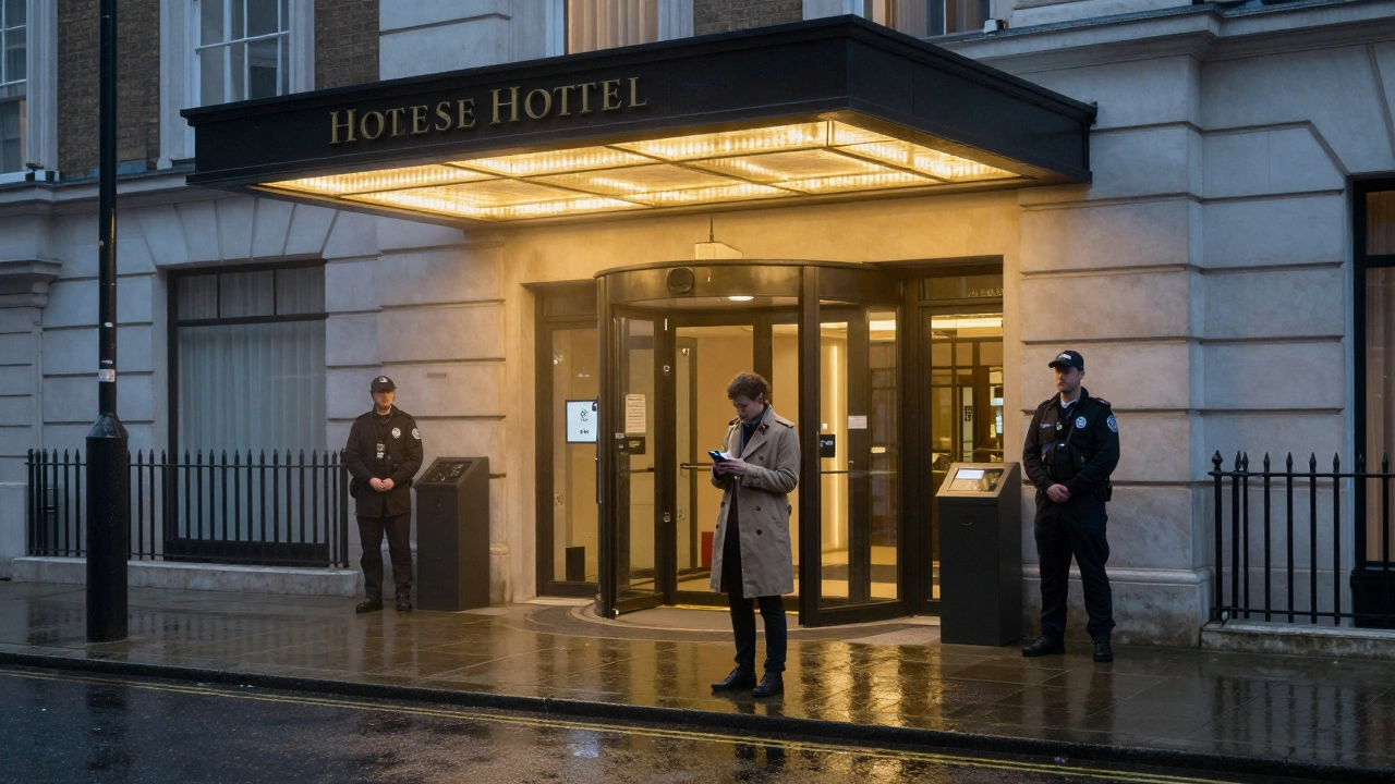 Discreet meeting outside a luxury hotel entrance on rainy London night.