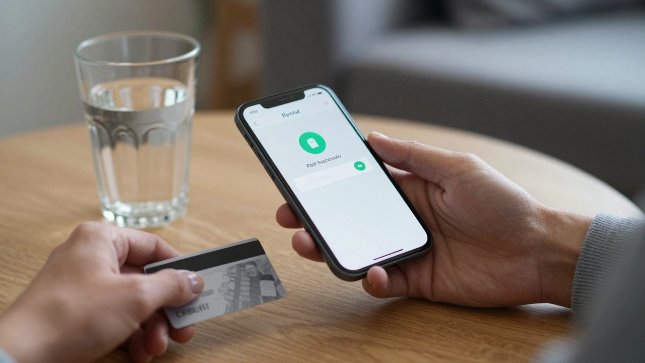 Hands displaying digital payment confirmation on phone beside keycard and water