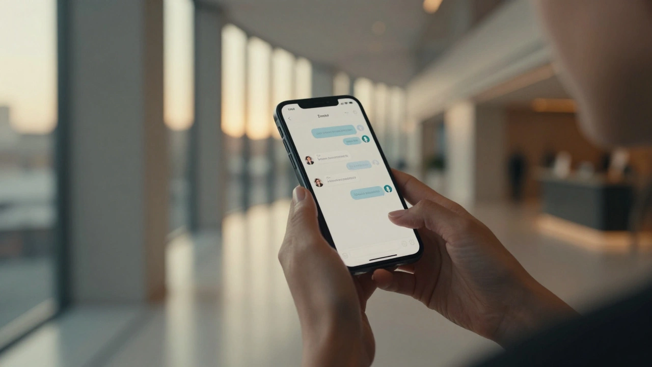 Hands holding a smartphone showing a secure messaging app with a verified badge.