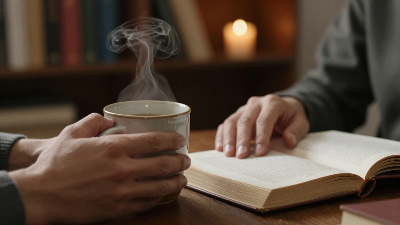 Hands holding a warm mug beside an open book, with blurred bookshelves and candlelight.