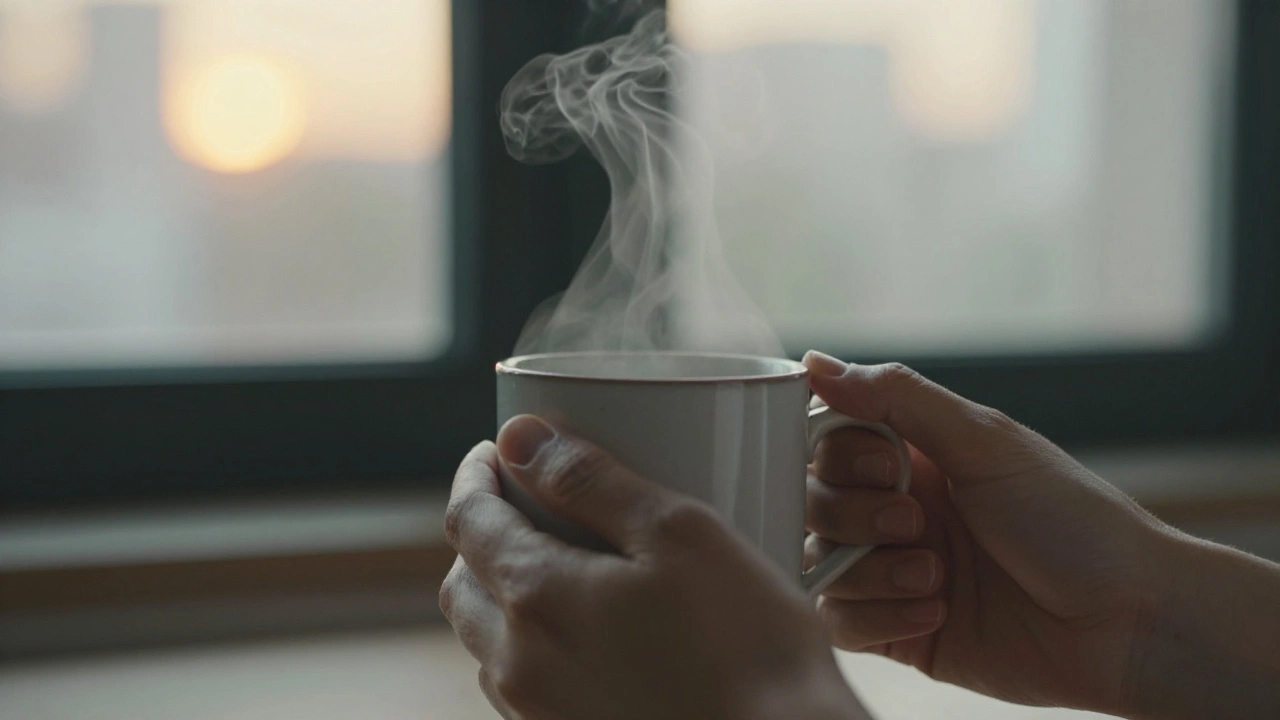 Hands holding a warm mug, city lights blurred in the background, evoking calm connection.
