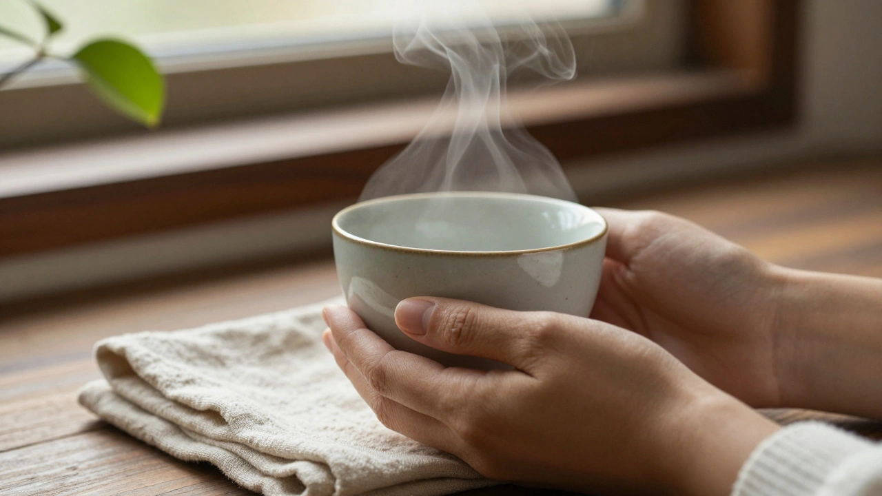 Hands holding a warm teacup with steam rising in soft focus