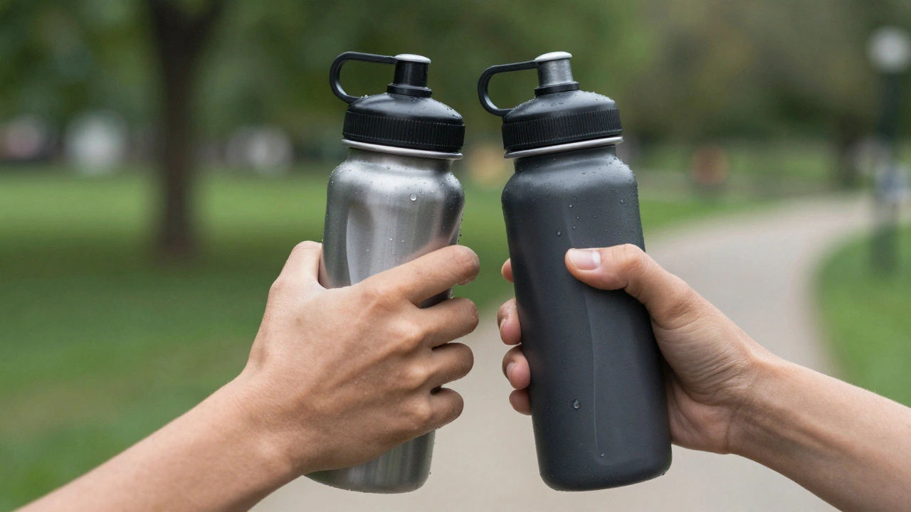 Hands holding water bottles after a light jog, with blurred greenery in the background.