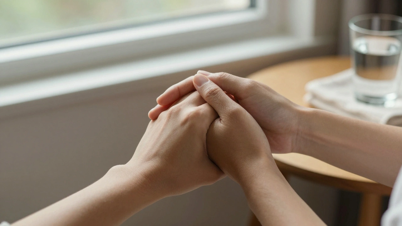 Intertwined hands under morning light, with a towel and water glass on a side table, symbolizing care and calm.
