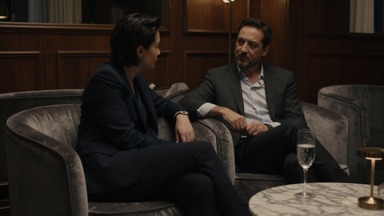 Intimate conversation between two people in a luxury lounge setting.