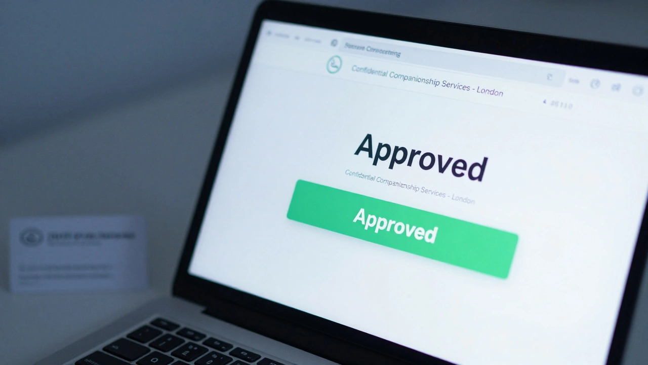 Laptop screen showing a client screening app with 'Approved' status and a discreet business card beside it.