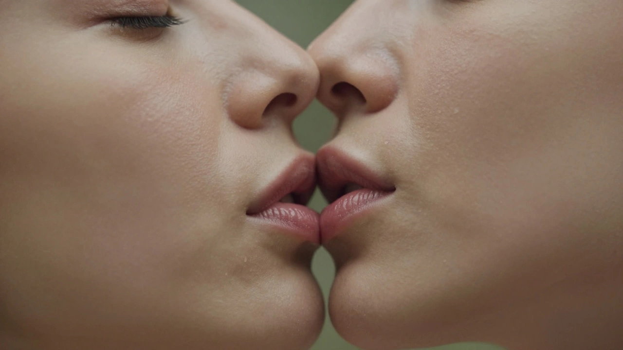 Lips lightly touching in a tender, slow kiss with natural lighting and no nudity.