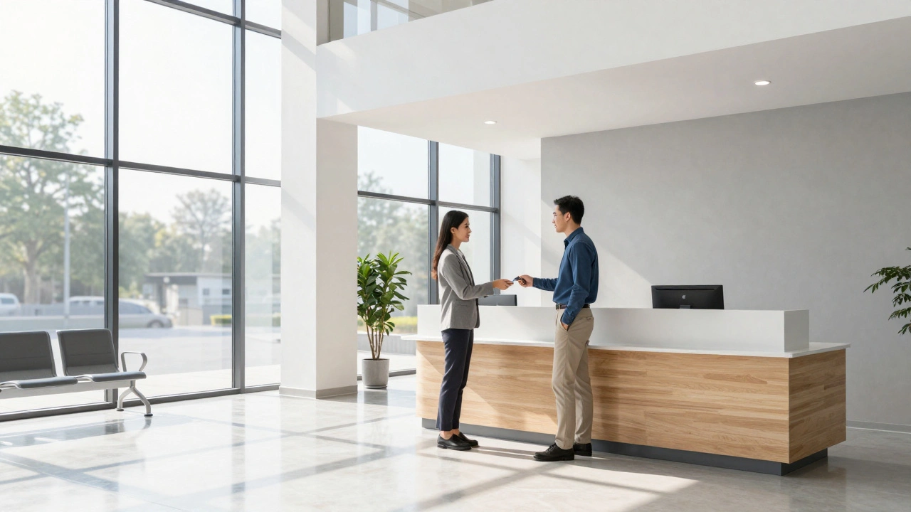 People greeting professionally in a bright, secure lobby entrance.