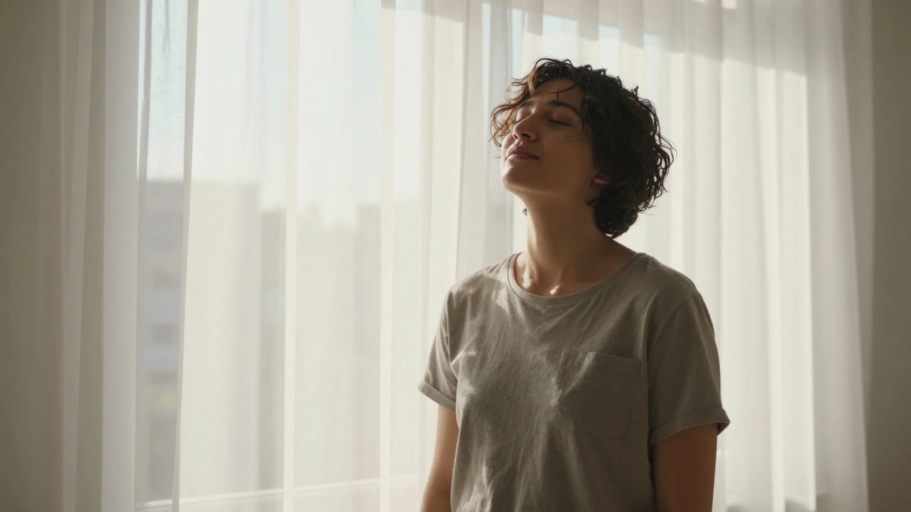 Person standing in sunlight looking relieved and confident.