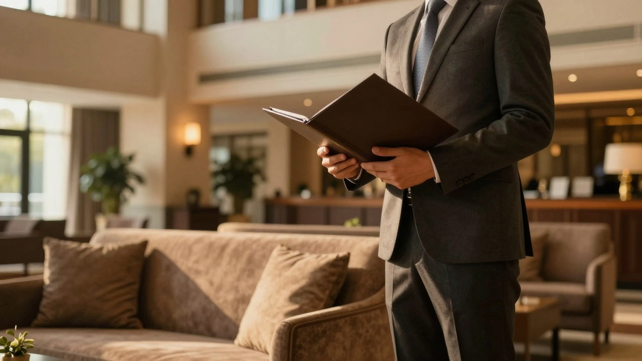 Professional person holding a folder in a dimly lit hotel lobby.