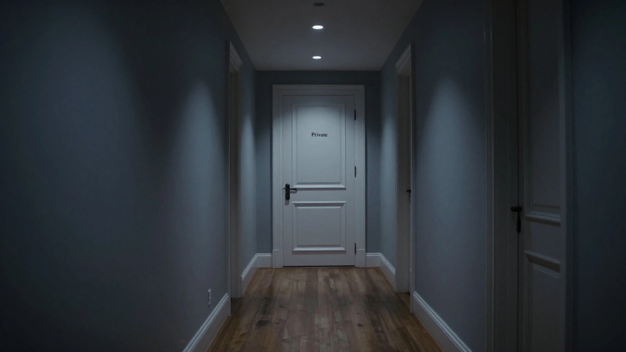 Quiet luxury building hallway with a single door labeled 'Private'.