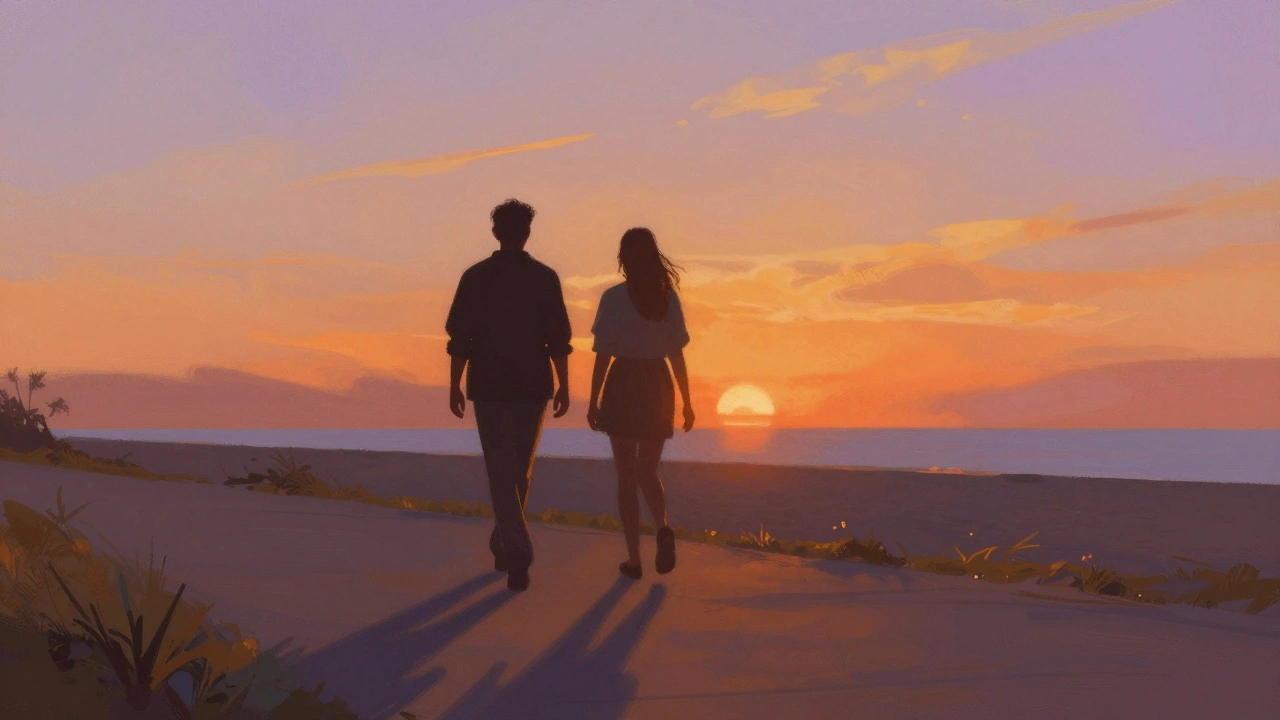 Silhouettes of two figures walking side by side during a golden sunset.