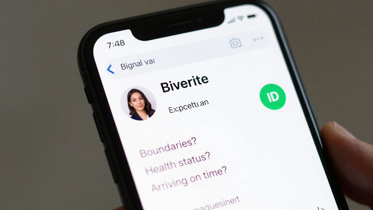 Smartphone screen showing encrypted messaging with verified client profile
