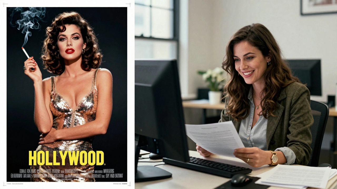 Split-screen: 1970s glamorous film poster on left, modern documentary photo of a worker in a London office on right.