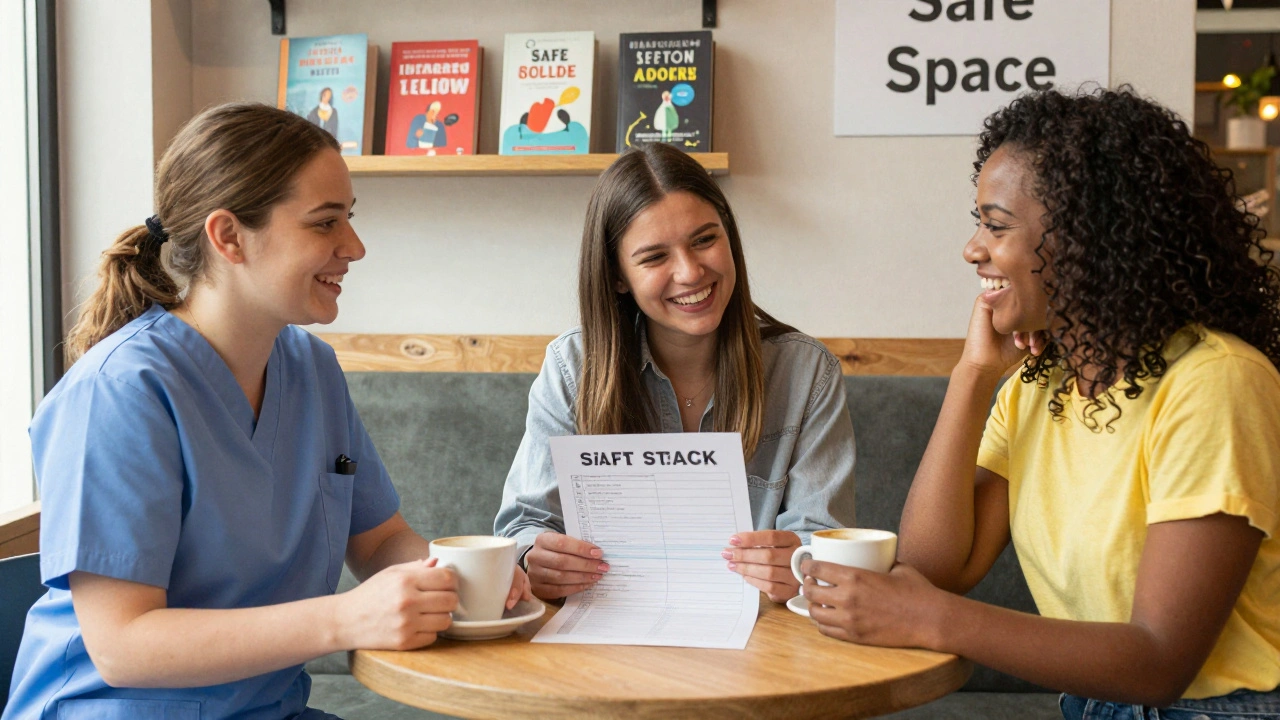 Three women meet in a cozy café, reviewing a safety checklist together, radiating community and mutual support.