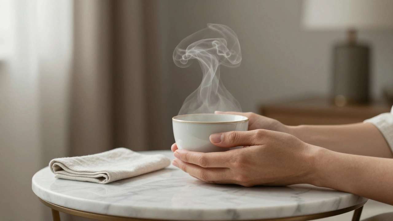 Two hands holding a steaming cup of tea on a marble table, napkin beside it.